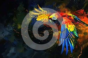Amidst darkness, a colorful parrot speaks digital truths, a beacon of insight