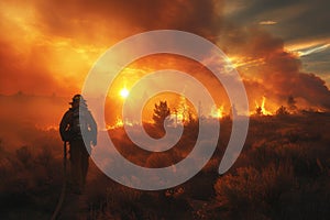 Amidst a fiery landscape at sunset, a firefighter walks toward the flames, hose in hand, prepared to tackle the blaze