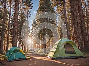 Amidst the forest\'s embrace, camp tents stand as cozy sanctuaries.