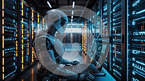 A futuristic robot engaged in data processing within a modern server room at night