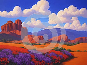 Amidst the harsh beauty of the desert, the fiery red flowers ignite hope and color in this stunning landscape painting