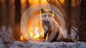 Amidst the inferno, a fox darts desperately, seeking an escape route