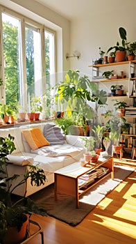 Amidst the lush foliage and cozy furniture, a sunlit room becomes a sanctuary of greenery and relaxation