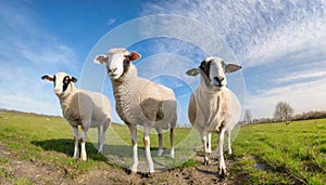 Three curious sheep stand in a open green field