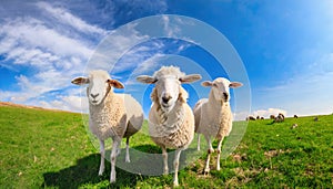 Three curious sheep stand in a open green field