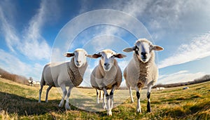 Three curious sheep stand in a open green field