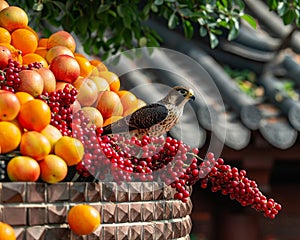 Amidst an orchard\'s color explosion, a falcon hunts with unmatched grace