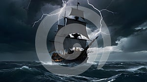 Amidst a raging storm, a formidable pirate vessel braves the turbulent seas photo
