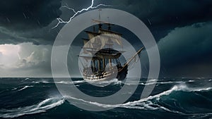 Amidst a raging storm, a formidable pirate vessel braves the turbulent seas photo