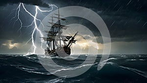 Amidst a raging storm, a formidable pirate vessel braves the turbulent seas photo