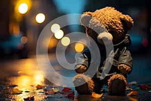 Amidst a rainy night, a lone, sorrowful teddy bear lingers