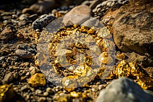 Amidst the rocks on the surface of the earth lie golden nuggets waiting to be found by the lucky prospector. Generative