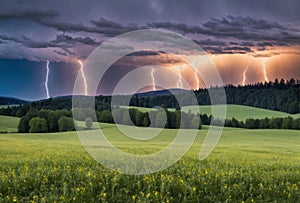 Amidst the rolling hills of the countryside, a dramatic lightning storm illuminates the landscape, casting eerie shadows