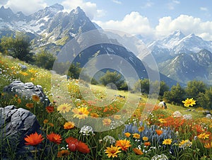 Amidst the rugged rocks, a lush mountain hillside unfolds, adorned with a vibrant tapestry of wildflowers.