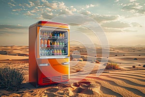 Amidst the scorching desert, a lone retro refrigerator stands, offering cold refreshments an oasis of relief in the