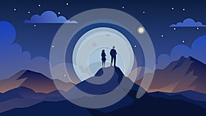 Amidst a sea of stars two silhouettes stand on a mountaintop engaged in a lifechanging conversation under the moon
