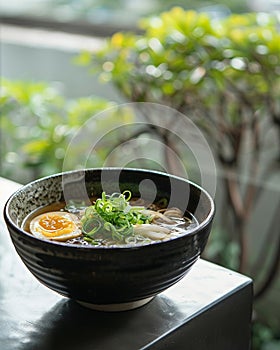 Amidst a serene setting, a bowl of bland organic ramen broth offers a gentle, soothing base for a personalized culinary journey