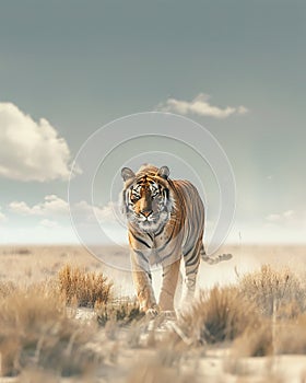 Amidst the simplicity of the flat plains, a solitary tiger stands out, majestic and undisturbed photo