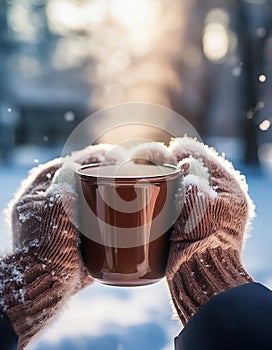 Amidst a snowy winter scene, chilled hands hold a steaming cup, soaking in its soothing warmth. The icy surroundings heighten the photo