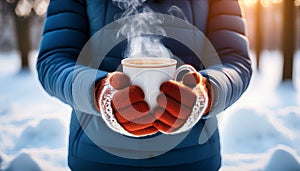 Amidst a snowy winter scene, chilled hands hold a steaming cup, soaking in its soothing warmth. The icy surroundings heighten the photo
