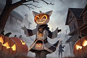 Amidst the swirling fog, a cunning fox dons a pumpkin mask and steals treats AI Generated