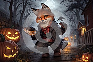 Amidst the swirling fog, a cunning fox dons a pumpkin mask and steals treats AI Generated