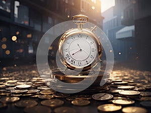 Amidst the ticking clock, the symbol of time is money. Image of wealth, finance