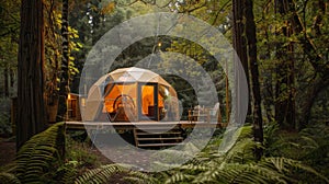 Amidst towering trees and vibrant foliage a geodesic dome promises a night of tranquil slumber cradled by the gentle