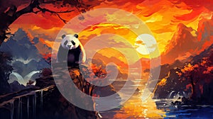 Amidst the tranquil beauty of a mountain river, a panda rests. Generative AI.