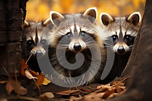 Amidst the trees, funny raccoons liven up the autumn forest