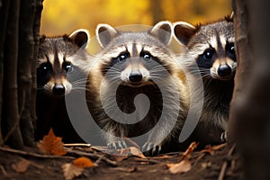 Amidst the trees, funny raccoons liven up the autumn forest