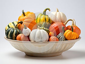 Pumpkin Palette: Vintage Ceramic Bowl with Multi-Colored Pumpkins on a Pure White Canvas
