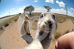 Kangaroos looking at the camera in the middle of the desert