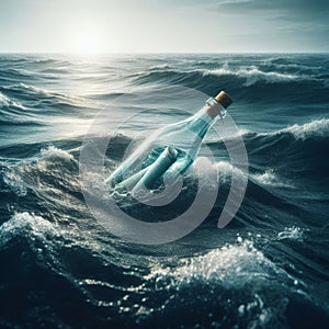 Message in a bottle bobs on the wild blue ocean photo