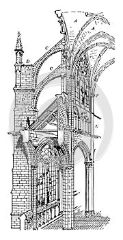 Amiens Cathedral, cross section of Gothic cathedral, vintage engraving