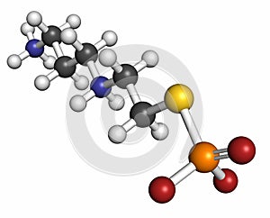 Amifostine cancer drug molecule. Adjuvant drug that protects against cancer chemotherapy side effects. Atoms are represented as