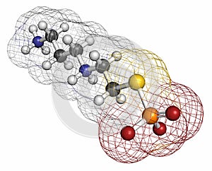 Amifostine cancer drug molecule. Adjuvant drug that protects against cancer chemotherapy side effects. Atoms are represented as