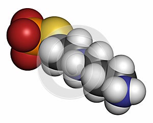 Amifostine cancer drug molecule. Adjuvant drug that protects against cancer chemotherapy side effects. Atoms are represented as