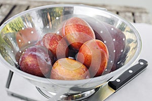 Amigo Pluot Fruits in a Stainless Steel Strainer with Knife