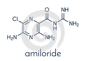 Amiloride diuretic drug molecule. Used in treatment of hypertension and congestive heart failure. Skeletal formula.