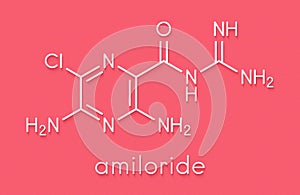 Amiloride diuretic drug molecule. Used in treatment of hypertension and congestive heart failure. Skeletal formula.