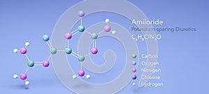 amiloride molecule, molecular structures, potassium-sparing diuretic, 3d model, Structural Chemical Formula and Atoms with Color