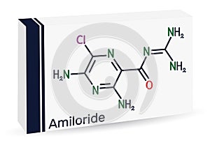 Amiloride molecule. It is pyrizine compound used to treat hypertension, congestive heart failure. Skeletal chemical formula. Paper photo