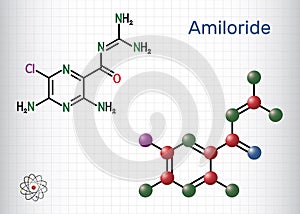 Amiloride molecule. It is pyrizine compound used to treat hypertension, congestive heart failure. Structural chemical formula, photo