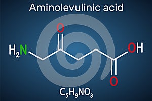 Aminolevulinic acid, 5ALA molecule. It is an endogenous non-proteinogenic amino acid. Dark blue background photo