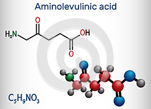 Aminolevulinic acid molecule. It is an endogenous non-proteinogenic amino acid. Structural chemical formula and molecule photo