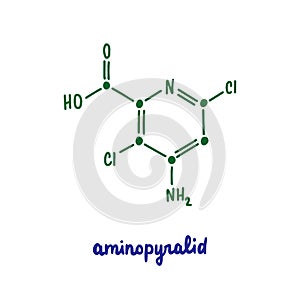 Aminopyralid hand drawn vector formula chemical structure lettering blue green