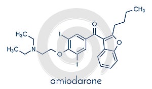 Amiodarone antiarrhythmic drug molecule. Skeletal formula. photo