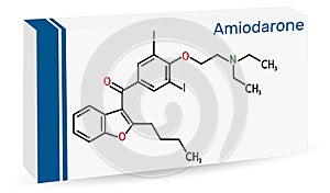 Amiodarone molecule. It is antiarrhythmic, vasodilatory, cardiovascular drug. Skeletal chemical formula. Paper packaging for drugs photo