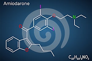 Amiodarone molecule. It is antiarrhythmic, vasodilatory, cardiovascular drug. Structural chemical formula on the dark blue photo